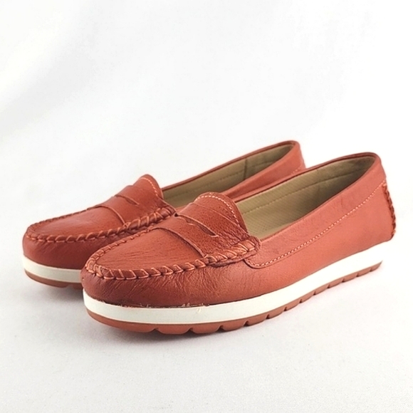 GEOX Women's Orange White Leather Flat Casual Loafer Shoe Almond Toe Size 37.5 - Picture 1 of 16
